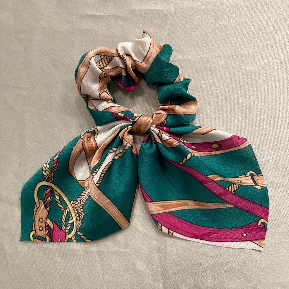 Handmade Hair Scrunchie Tie Elastic Bow Silky Material-Print Resembles Versace